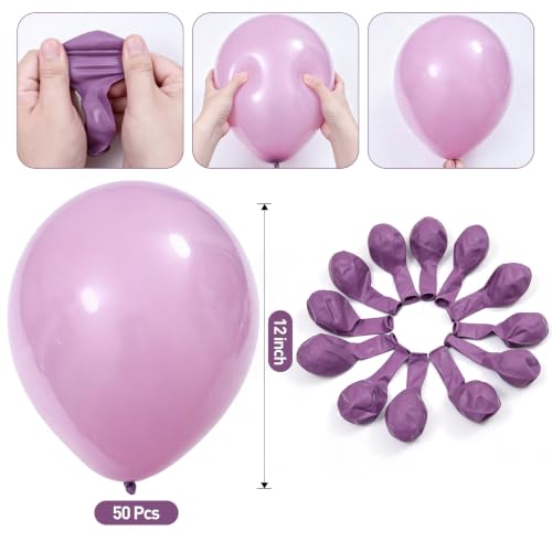 Image of KALOR 12 Inch Mauve Balloons, 50 Pcs Purple Latex Helium Balloons for Kid's Birthday Party, Baby Shower, Wedding, Graduate Party Decorations