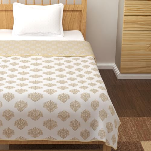 Image of Story@Home Dohar Single Bed Cotton 100% | 150GSM 144 X 220 CM Quilt AC Blanket for Summer | AC Comforter Single Bed | White & Cream, Damask Reversible Design Duvet | All-Season Blanket