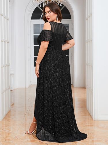 Image of ZOMVA Plus Size Sparkly Mesh Maxi Dress Cold Shoulder Ruffle Sleeve High Low A Line Dresses Wedding Guest Cocktail Party