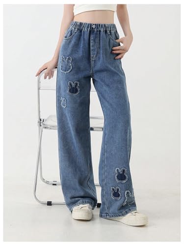 Girl's Animal Pattern Elastic High Waist Jeans Straight Leg Loose Denim Pants3