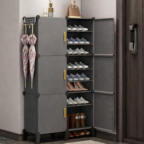 Image of Mevigo 18-Shelf Portable Shoe Rack for Home Plastic Shelves Household, DIY Shoe Rack Box with Door, Foldable Shoe Storage Stand with Dustproof Entryway for Heels /Slippers /Boots- Faint Grey