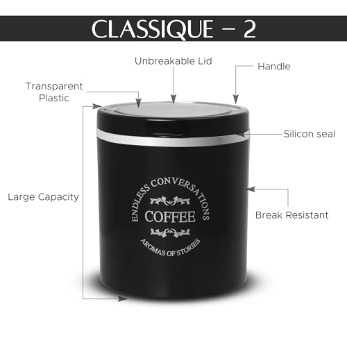 Image of Jaypee Plus Classique 2 Tea Coffee Sugar Storage Container Set 750 ml Airtight Plastic canisters Tea containers for kitchen | Silicon rubber lock Stackable glossy finish transparent Lid, Black