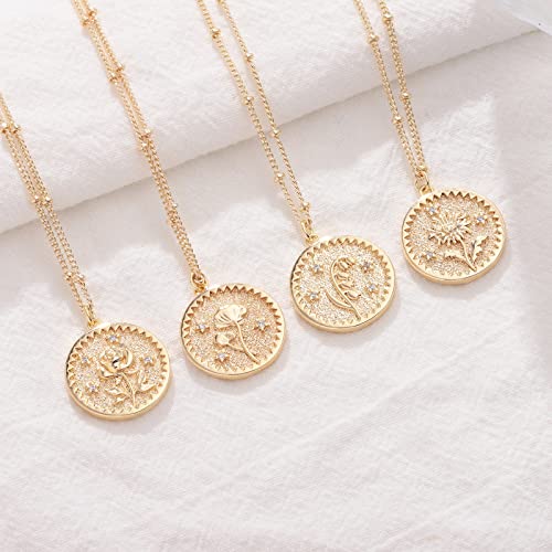 Gdcoin Layered Birth Flower Necklace For Women 18K Gold Plated Double Layered Engraved Custom Floral Pendant Necklaces Dainty Birth Month Flower Disc Coin Necklace Personalized Jewelry #TOP4