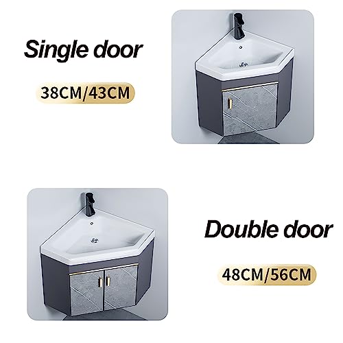 Lavabo de esquina pequeño para baños estrechos con mueble y grifo 7