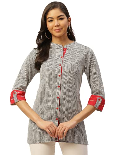 Image of FABRIC FITOOR Women's Cotton Stripes Print Mandarin Collar Readymade Casual Shirt