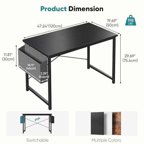 Image of OLIXIS Computer Desk, 47 Inch Gaming Desks for Home Office Small Spaces | Writing Study Craft Work Table, Computer Workstation for Bedroom with Storage Bag, Modern Black