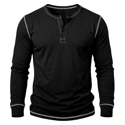 Men's Contrast Trim Henley Top Long Sleeve Button Front Slim Fit Shirts Casual Comfy Basic Fashion Layering Tees Black