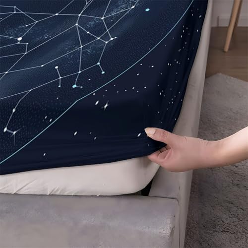 Prześcieradło z gumką 160 x 200 cm, wygodne elastyczne etui na pościel z dekoracyjnej mikrofibry z dużą czapką 30 cm, miękkie czarne prześcieradło z gumką z motywem mapy gwiazd nocnego nieba