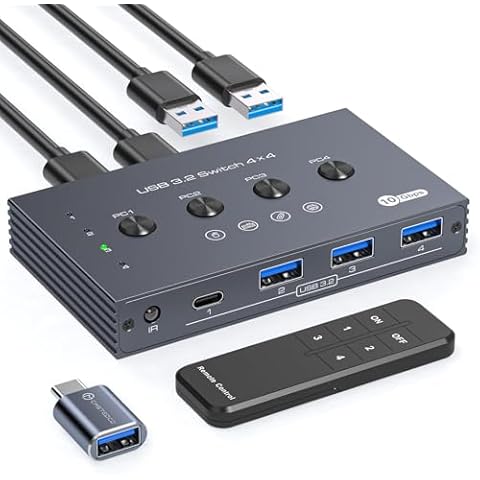 USB 3.2 Switch Selector 4 Computers Share 1 USB C & 3 USB A Devices 10Gbps 4 Port USB Switcher Sharing Keyboard Mouse Printer Scanner with 4 USB 3.0 Cable and Remote Control and USB C to USB A dapter Cover