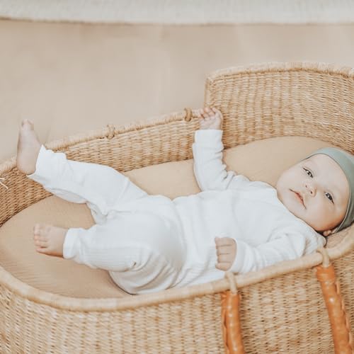Image of Konssy Muslin Bassinet Sheets for Baby Girl Boy, 2 Pack Soft Breathable Baby Bassinet Mattress Sheets Fit for Hourglass Oval Cradle, Moses Basket Rectangle Mattress (Blossom,Cream)