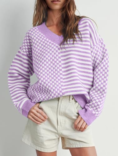 Image of UNCLECAT Womens Striped Checkered Sweater V Neck Fall Trendy Pullover Tops