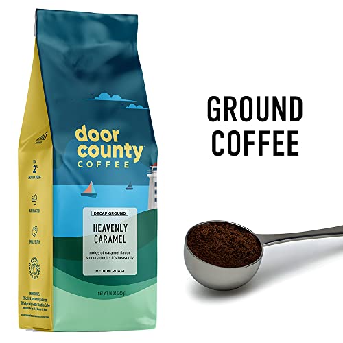 Door County Coffee - Heavenly Caramel Decaf, Sweet & Buttery Caramel Flavored Ground Coffee - Medium Roast, 10 oz Bag