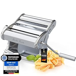 True Kitchen® Pastamachine handmatig handmatig met Bella Pasta machine voor lasagne, ravioli, spaghetti en tagliatelle I volledig van roestvrij staal met metalen handvat