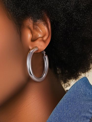 Image of Stainless Steel Chunky Hoop Earrings For Women, Minimalist and Chic, Black /Gold Plated, Round Hoops Earrings Hypoallergenic, Size: 30mm /40mm /60mm /80mm, Come with Box