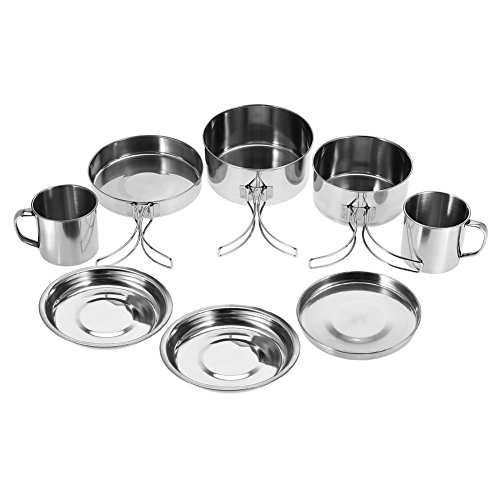 Camping Cookware Set Portable Stainless Steel Cookware Pan Pot Plate Cup Set for Outdoor Camping Picnic Silver 8Pcs