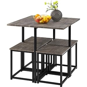 Yaheetech Industrial Dining Table Set for 4 Compact Kitchen Table and 4 Stools, Space-Saving Design for Apartment, Small Space, Breakfast Nook, Drift Brown