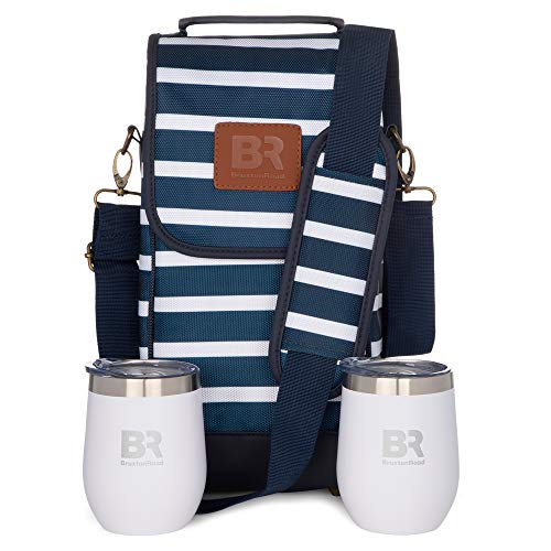 Insulated Wine Carrier with Stainless Steel Glasses | Portable Wine Bag, Nautical Wine
