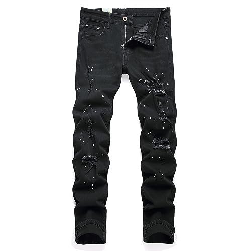 TMMMT Mens Fashion Washed Perforated Elastic Slim Fit Jeans(34 8806 Black)