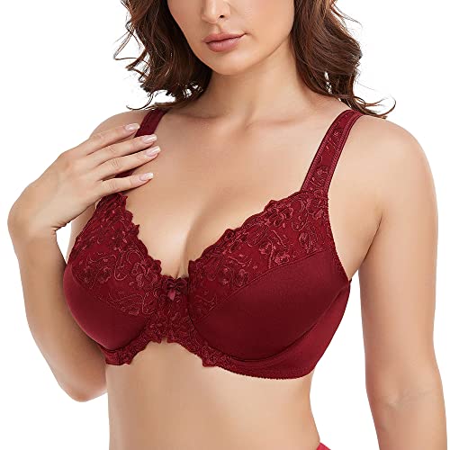 Ayigedu Women's Full Coverage Underwire Push Up Bra Floral Lace Plus Size Non Padded Comfort Everyday Bra 44F Wine Red
