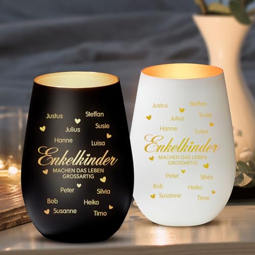 Love Faith Meine Enkelkinder Windlicht Schwarz/Gold - Personalisiertes Windlicht für Teelichter mit Namen-Gravur - Geschenk für Oma & Opa
