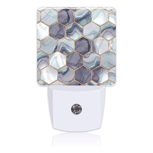Image of Hexagon Golden Blue Marble Night Light Plug into Wall with Dusk to Dawn Sensor Cute Nightlight for Kid Girls Boys Women Men Room Decor, Hallway, Kitchen, Bathroom, Nursery, Stairs