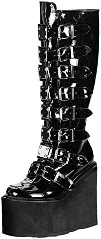 MeiLuSi Womens Gothic Platform Boots Wedge Heels Mid Calf Boots Punk Studded Buckles Combat Boots