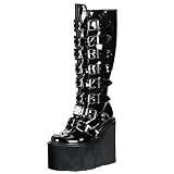 MeiLuSi Womens Gothic Platform Boots Wedge Heels Mid Calf Boots Punk Studded Buckles Combat Boots