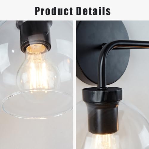 Image of Modern Matte Black Double Glass Globe Wall Sconce, 17 X 7 Inch Vanity Light Over Mirror, Bathroom Light Fixture with Matte Black Metal Canopy