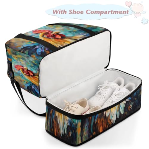 Travel Duffel Bags Colorful Watercolor Rooster Foldable Weekender Bags for Women with Shoes Compartment Waterproof & Tear Resistant Carry on Overnight Luggage Duffel Bag Shoulder Sports Tote Bag,B-394