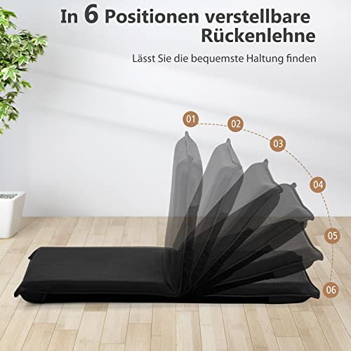 RELAX4LIFE Bodenstuhl klappbar, Bodensessel mit Liegefunktion, Lehnstuhl mit 6 Einstellbarer Rückenlehne, Bodensitz zum Fernsehen Lesen Spielen, Meditationsstuhl Lazy Sofa gepolstert (schwarz)