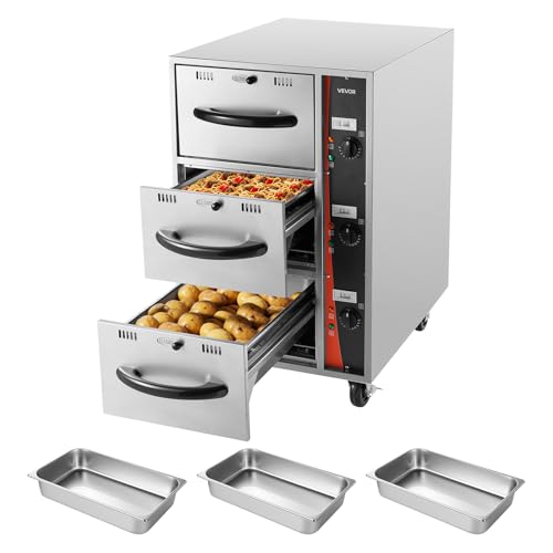 Image of VEVOR Commercial Electric Drawer Warmer, Three-Drawer Stainless Steel Food Warmer, Freestanding Compact Warming Drawer Cabinet, 85F-185F Wide Temperature Range, for Restaurant, Hotel Buffet & Bakery