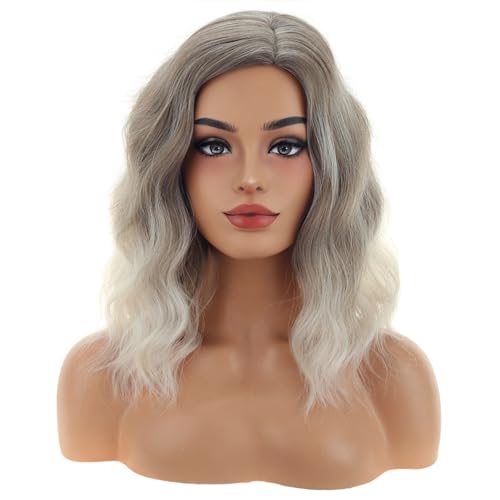 Image of BERON Brown and Platinum Wigs for Womens Short Curly Wavy Wig Girls 14 Inch Ombre Blonde Side Part Wigs Shoulder Length Heat Resistant Synthetic Cosplay Party or Daily Use Wig