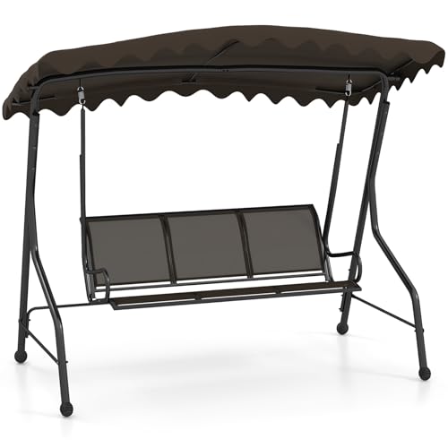 Image of Tangkula 3 Person Porch Swing, Patio Swing with Adjustable Canopy, Heavy-Duty Metal Frame & Breathable Seat, Outdoor Metal Swing for Backyard, Poolside, Balcony, Garden, 1000 lbs Max Load (Brown)