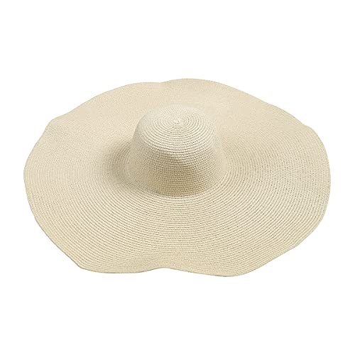 Women's UV Sun Protection Foldable Floppy Beach Hat - Fashion Travel Wide Brim Straw Summer Cap, Fabric Reversible Bucket Hat (Large Brim Straw Floppy - Ivory)