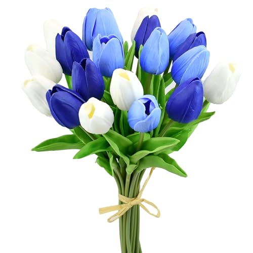 Mandy's Artificial Tulips 20 Stems Shades of Blue PU Faux Flowers for Valentine's Day and Easter Decorations Wedding Home Decor 13.5 Inch