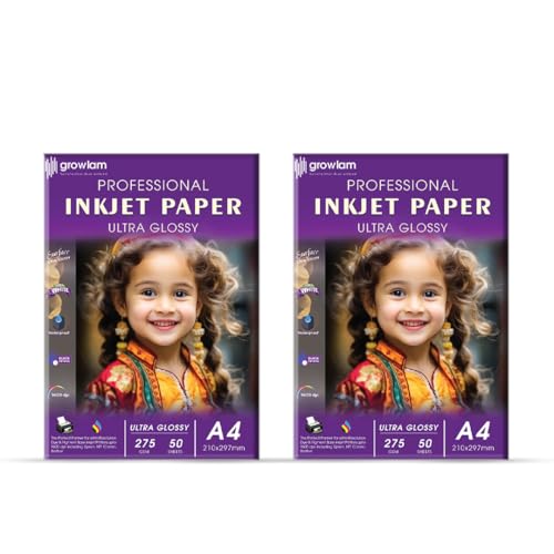 Image of Growlam Ultra Glossy Photo Paper 275 GSM A4 Size, 50 Sheets (Pack of 2) | Resin Coated Surface, Waterproof Technology, Tropical Climate Durability, Realistic Color Reproduction, Stunning Visual Depth