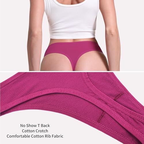 Image of 6 Pack Women's Ribbed Cotton Thongs High Waist Panties Underwear | GAREDOB 6 Pack Women's Ribbed Cotton Thongs High Waist Seamless Panties Plus Size High Rise No Show Underwear