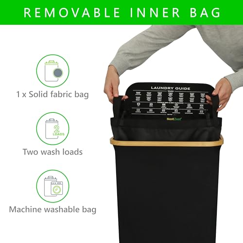 Nest Zest 60L Slim Laundry Basket with Lid, Washing Basket for Laundry, Hamper style Linen Bin with Care Guide & Removable Inner Bag, Dirty Clothes Bin with Sturdy Bamboo Rim and Oxford Fabric (Black) - Image 3