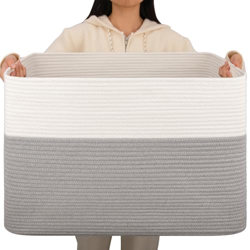 OIAHOMY 108L Extra Large Blanket Basket, 25”x16”x16” Laundry Basket, Blanket Storage for Living Room, Dog Toy Storage with Handle - Grey & White