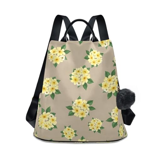 Mochila de flores amarillas y beige para mujer con bolsillo antirrobo trasero