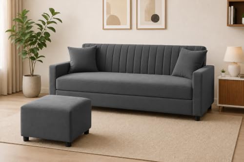 Image of Modern 3-Seater Velvet Sofa with Ottoman| Vertical Channel Tufted Backrest | Comfortable Living Room Sofa | Contemporary Furniture for Home, Bedroom & Office | Grey