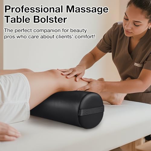 Image of Noverlife Full Round Bolster Pillow for Legs, 26 x 6 inch PU Leather Bolster for Massage Table with Strap Handle Under Knee Pillow, Under Back Ankles Pain Relief Massage Table Bolster for Yoga & Spa