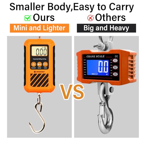Image of UNIWEIGH Digital Hanging Scale,Mini Crane Scale 300kg /660lb with Hold&Tare | Postal Luggage Scale with LCD Display,Portable Handheld and Large Hook,Deer Scale for Garage Farms Hunting Fish Travel Hays