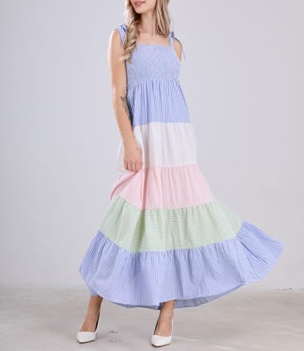 Image of chouyatou Women's Color Block Striped Smocked Maxi Dress Sexy Spaghetti Strap Tiered Flowy Beach Maxi Dress