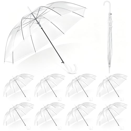 Aodaer 8 Pack 37.4 Inch Clear Umbrellas for Wedding Large White Transparent Umbrella Dome See Through with White Handle for Ladies Mens Unisex Party Parasol Rain