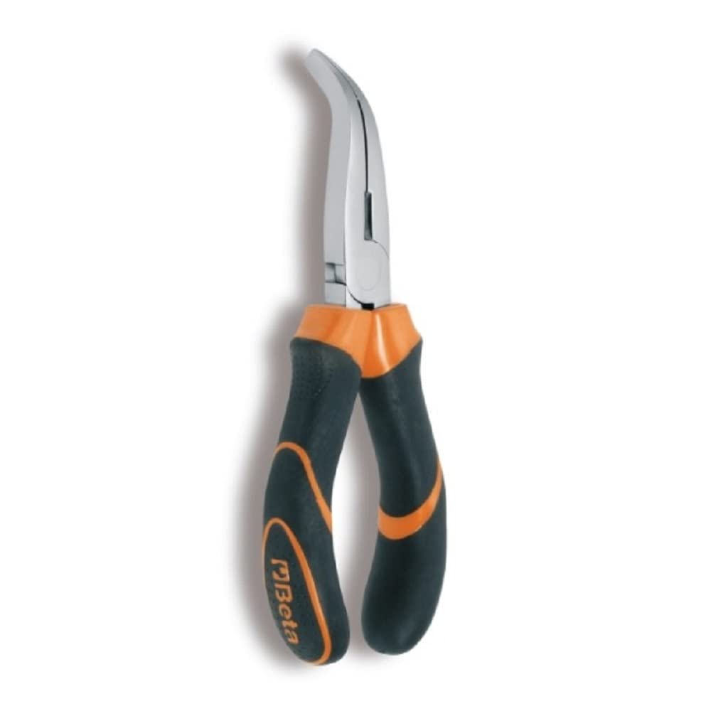 Beta 1164 Extra-Long Bent Flat Knurled Nose Pliers, 160mm OAL, Bi-Material Handles