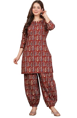 Image of rytras Women Woman Pure Cotton Printed Straight Kurta Sets with Afghani Pants|Kurti Set for Woman|Cord Set for Women Cotton