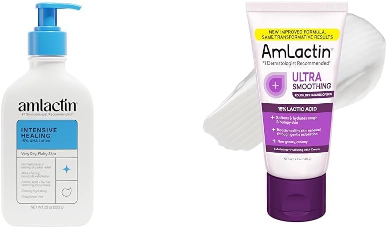 AmLactin Intensive Healing Body Lotion for Dry Skin – 7.9 oz Pump Bottle & Ultra Smoothing-4.9 oz Body & Hand Cream with 15% Lactic Acid-Exfoliator and Moisturizer for Rough and Bumpy Dry Skin
