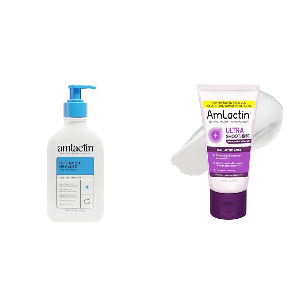 AmLactin Intensive Healing Body Lotion for Dry Skin – 7.9 oz Pump Bottle & Ultra Smoothing-4.9 oz Body & Hand Cream with 15% Lactic Acid-Exfoliator and Moisturizer for Rough and Bumpy Dry Skin