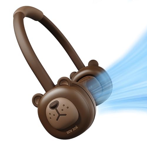 Zoy zoii Neck Fan for Kids, Hands Free Bladeless Fan, Portable Wearable Personal Fan, Rechargeable 3 Speeds Gift for Boy Girl Travel Outdoor, Brown Bear